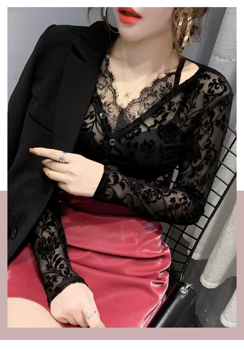 ​​"Beflocktes V-Ausschnitt-Langarmshirt aus Mesh – Sonnenschutzbluse aus Hohlspitze für Damen"​​_voghion.com