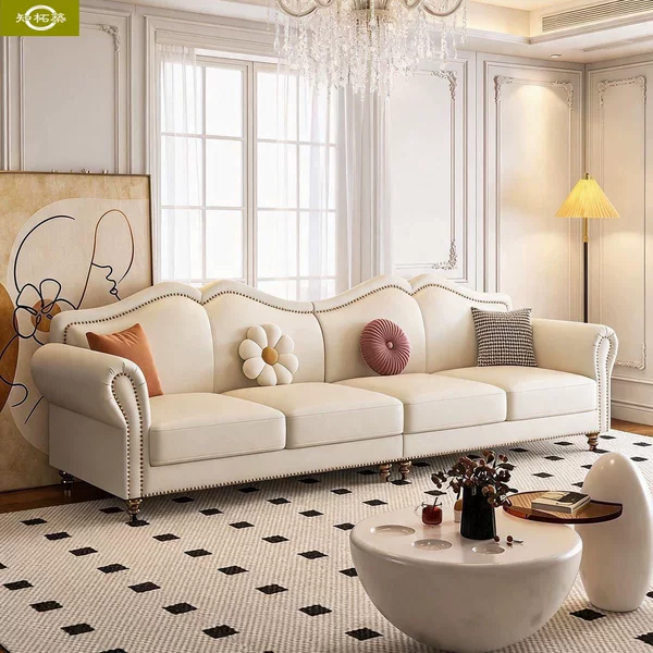 Cream-Style French Retro Leather Sofa, Living Room Solid Wood Straight-Row Sofa, American Light Luxury Home Sofa