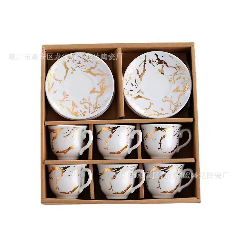 Nuevo conjunto de tazas de café de cerámica europea, tazas de café de estampado transfronterizo, 6 tazas de café de Oriente Medio, 6 platos de café de la tarde