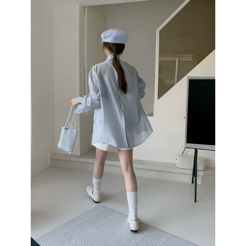 Женская летняя тонкая свободная рубашка-кардиган из тенселя с высоким воротником, длинными рукавами и разрезом на спине, защита от солнца, 2025 г.