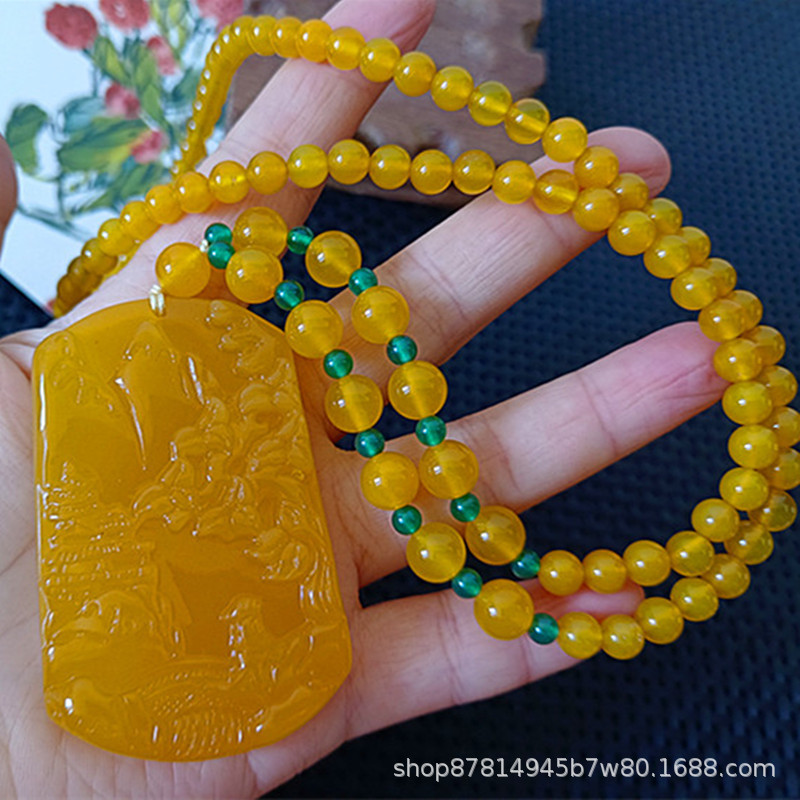 메인 드로잉 비드 체인 (61*42mm)+ 인증서 + 상자가있는 Huang Calcedony No.2 풍경