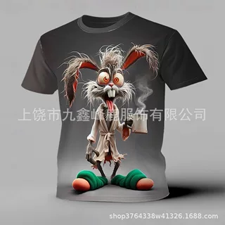 一件代发男士趣味动物兔3D数码印花圆领短袖T恤夸张设计春夏季