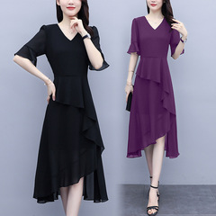 2025 シフォン V ネックドレス、夏服、お腹カバー、痩身、ミドル丈、エレガントな 100kg スカート、スプライシングドレス