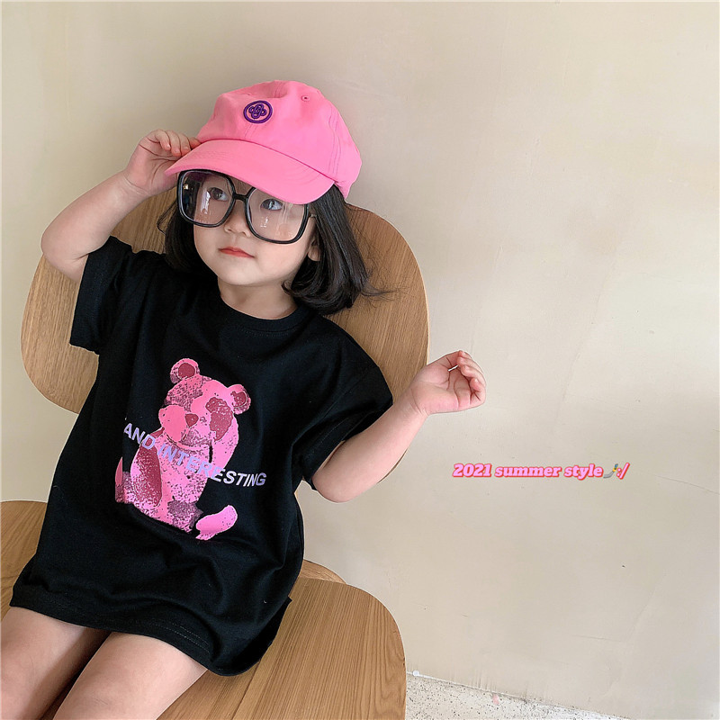 儿童卡通T恤2021夏款新款女童韩版短袖圆领宽松溜肩打底衫T恤裙|ms