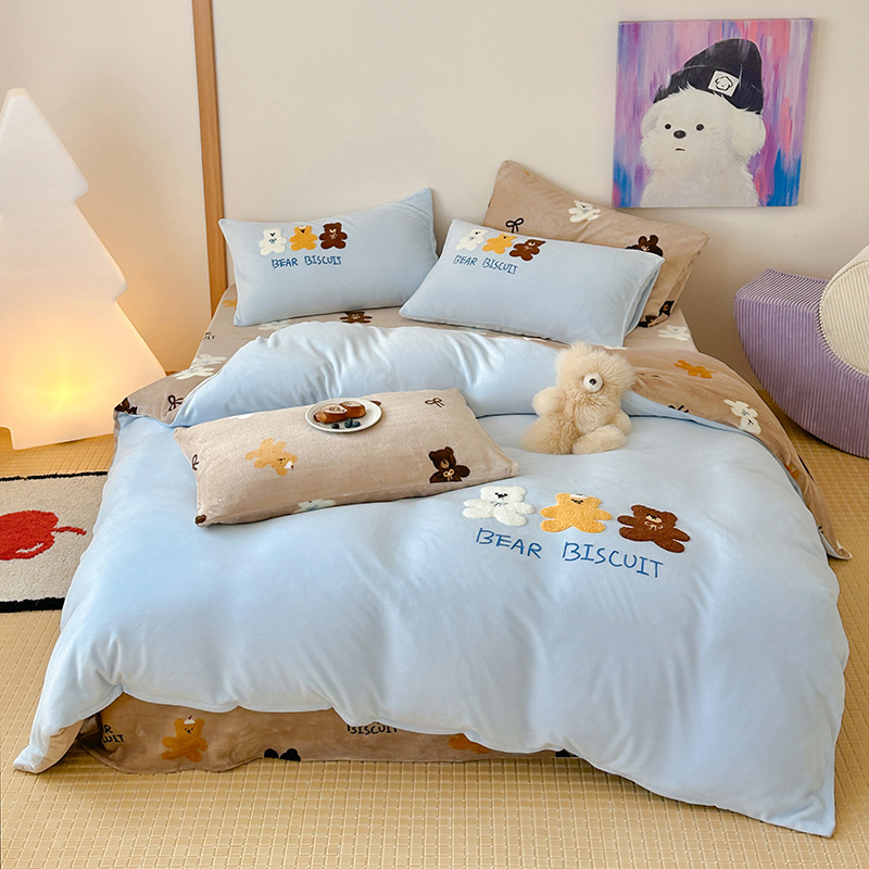 New Cartoon High Weight Patch Embroidered Towel Embroidered Milk Velvet Three-Piece Set Four-Piece Set Cute Bed Sheets