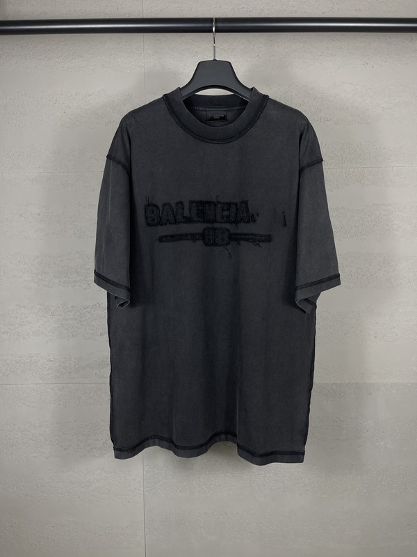 高バージョンパリB家半袖アルファベットロゴ胸前に布刺繍洗水ゆるい運動男女同型tシャツを貼る|undefined