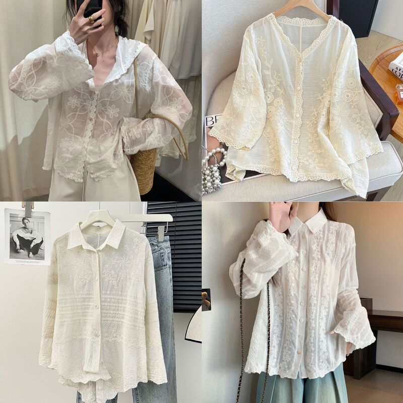 New Heavy-Duty Hooded Artistic Embroidered Lace Hollow-Out Fresh Shirt for Women, Loose Long-Sleeve Hooded Top