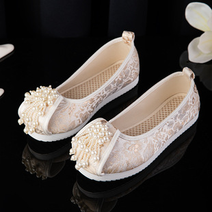 Baizhu 2023 Summer New Arrival Ancient Dress Embroidered Shoes Pearl Antique Shoes Elegant Flat Embroidered Cloth Shoes Women's Hanfu Shoes