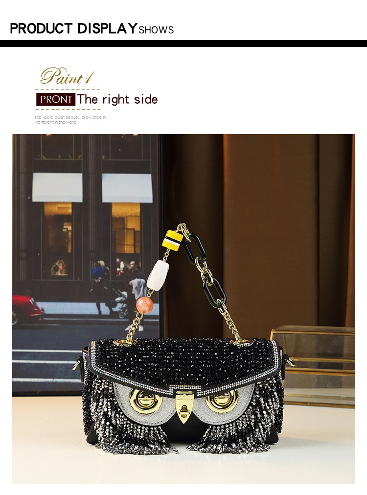 Borsa a mano da donna a forma di gufo con strass e nappe, resistente, a tracolla, piccola borsa quadrata, lusso di nicchia accessibile_voghion.com