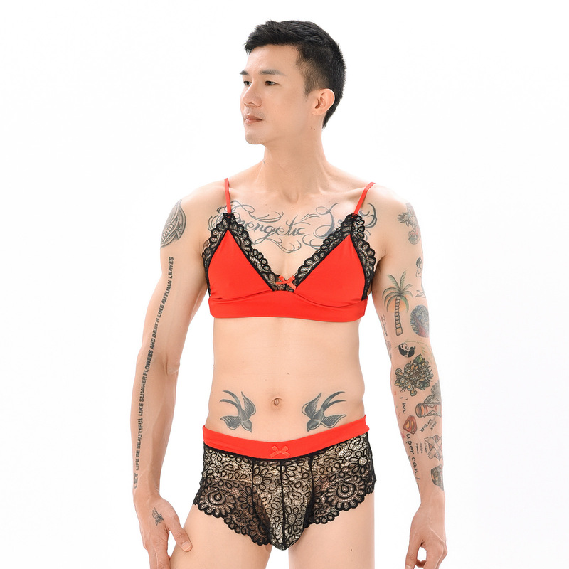 European and American Men's Sexy Cross-Dresser Lingerie Set: Lace Bra with Bow, Alluring Boxer Briefs, and Cross-Dresser Sleepwear