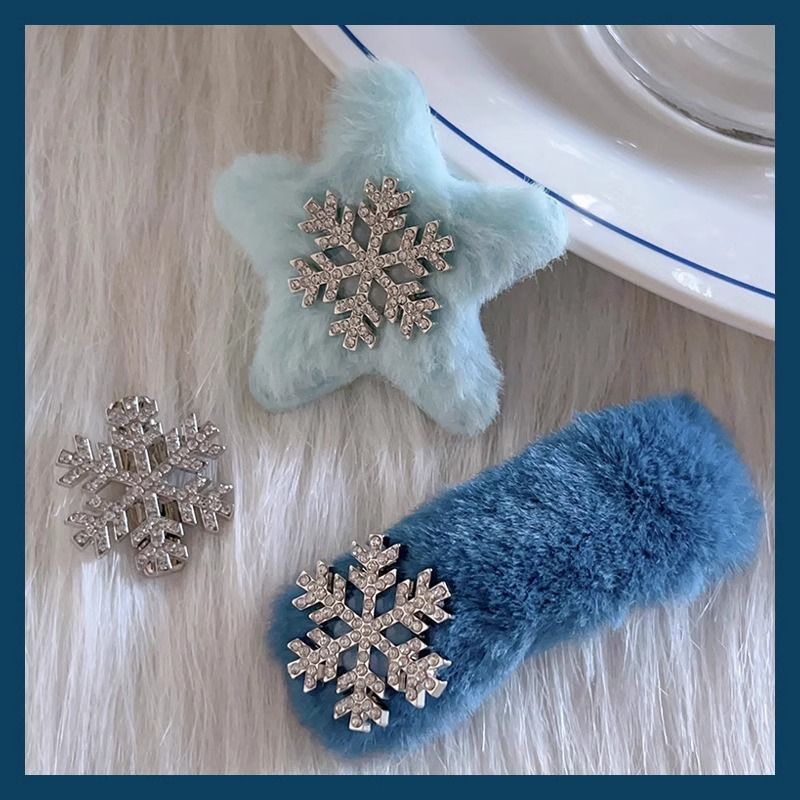 蓝色系圣诞节发夹水钻雪花毛绒bb夹一字夹发卡秋冬夹子鸭嘴夹发饰