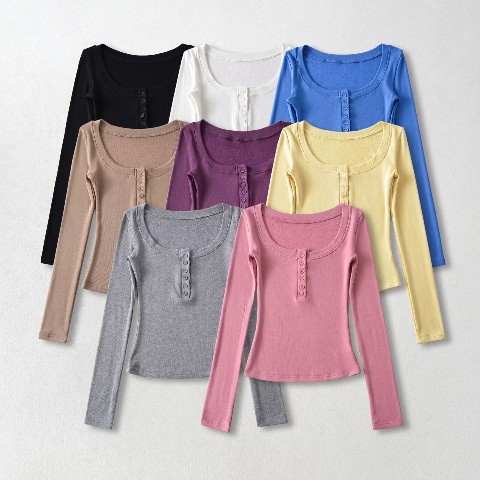 8162-25 New Summer Style French Pure Lust Style Elastic Slim Fit Fleece-Lined Six-Button Bottoming Top T-Shirt