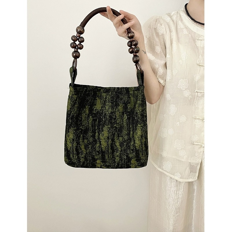 New Chinese Style Retro Moss Green Handbag 2024 New Original Niche Literary Chinese Style Beaded Single Shoulder Crossbody Bag