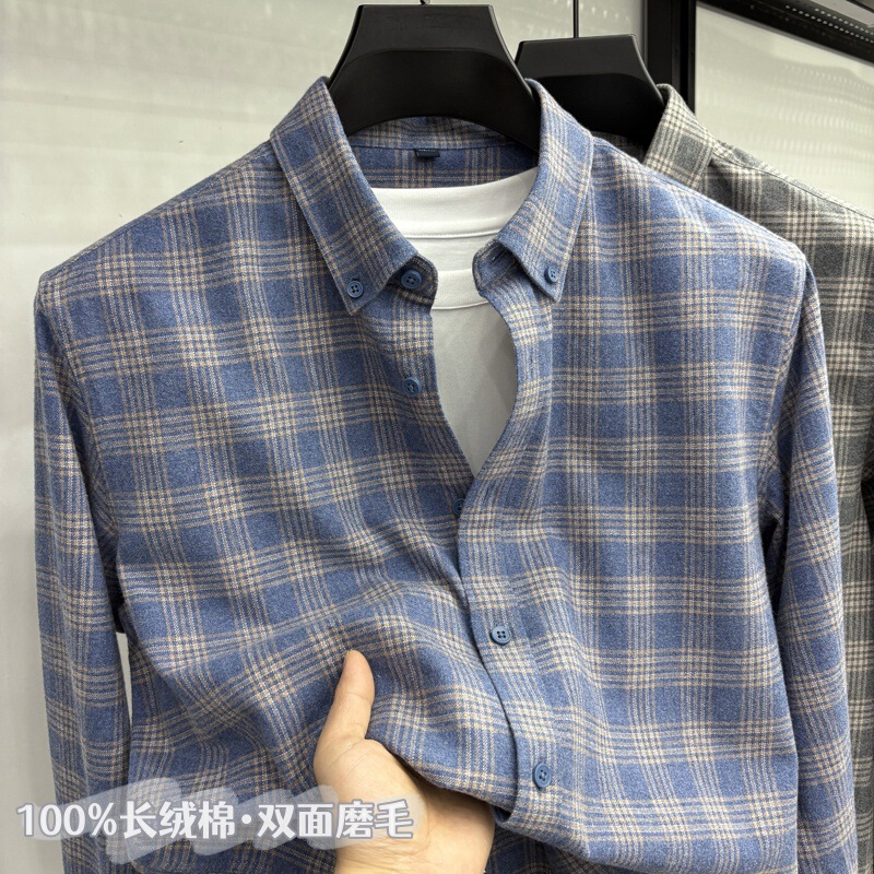 High-End Big Tommy Pure Cotton Long-Sleeved Plaid Shirt Men's Autumn and Winter New Middle-Aged Men's Casual Brushed Shirt 100% Cotton