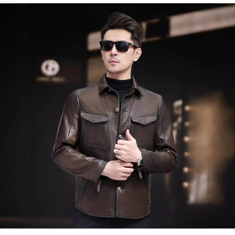 Haining Genuine Leather Men's Shirt Oil Wax Sheepskin Motorcycle Vintage Leather Jacket Fashionable Handsome Slim-fit Jacket Haining Genuine Leather Men's Shirt Oil Wax Sheepskin Motorcycle Vintage Leather Jacket Fashionable Handsome Slim-fit Jacket