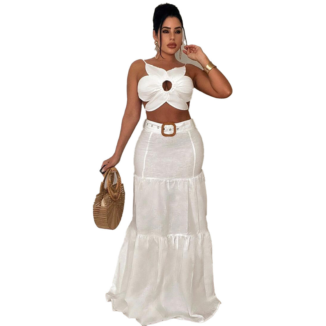 354g Weight Sleeveless Sleeve Length Polyester Fabric Type Skirt Co-ord Set Sets Type 2 Pieces Set Quantity Holiday Occasion Strap Neckline Slim Fit Type Solid Color, Flower Pattern Summer Season Women's Gender Vacation Style Holiday Women's Vacation Solid Color Flower Polyester Skirt Co-ord Set Skirt Sets 11