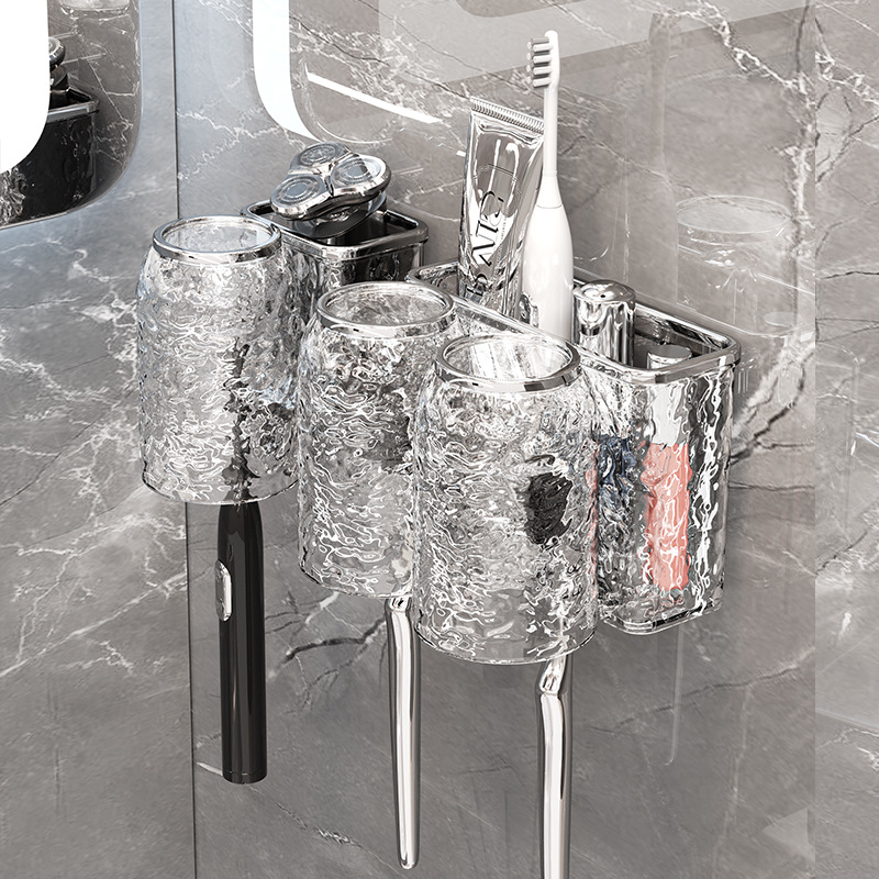 Portacepillos de dientes con un toque de alta gama, soporte para cepillos de dientes, vaso para cepillos de dientes, vaso para cepillos de dientes de baño para montar en la pared, vaso para lavar la boca, estante de almacenamiento para vasos de enjuague bucal. image 5