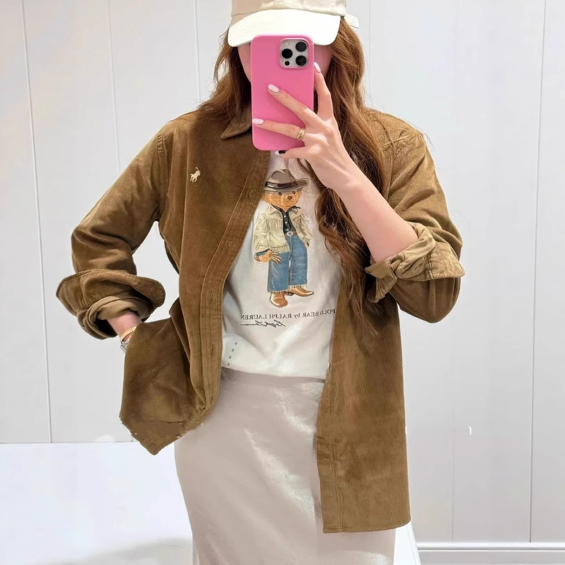 High-Quality Rl Laff Pony Logo Embroidered Pure Color Corduroy Shirt Versatile Classic Casual Shirt Top for Women