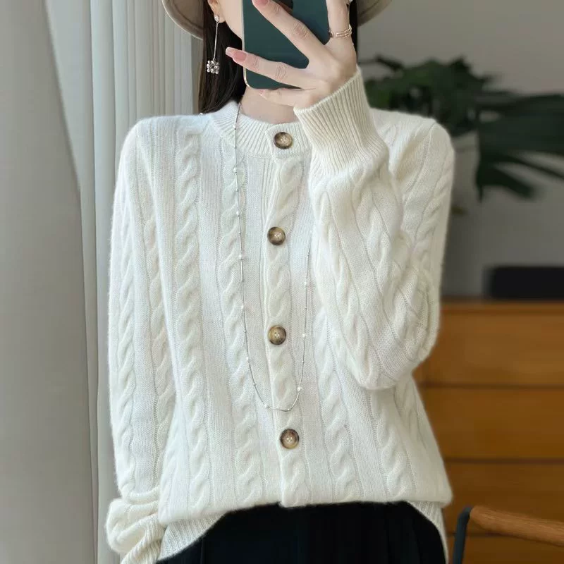 Шерстяной кардиган, свитер, куртка с круглым воротом, oversize