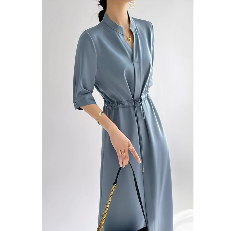 French-Style High-End Dress for Women, Summer 2026, Acetate Satin, Waist-Cinching, Slimming, Mid-Length, Over-The-Knee Shirt Dress French-Style High-End Dress for Women, Summer 2026, Acetate Satin, Waist-Cinching, Slimming, Mid-Length, Over-The-Knee Shirt Dress