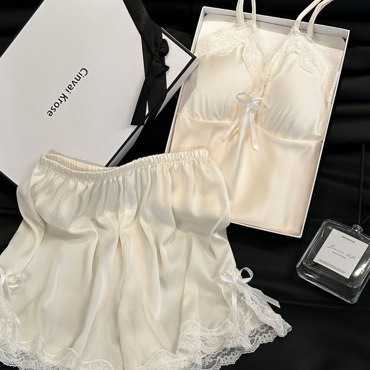 Summer Solid Color Lace with Chest Pad Sweet Ice Silk Classic Solid Color Women's Sling Shorts Pajamas Homewear Two-Piece Set