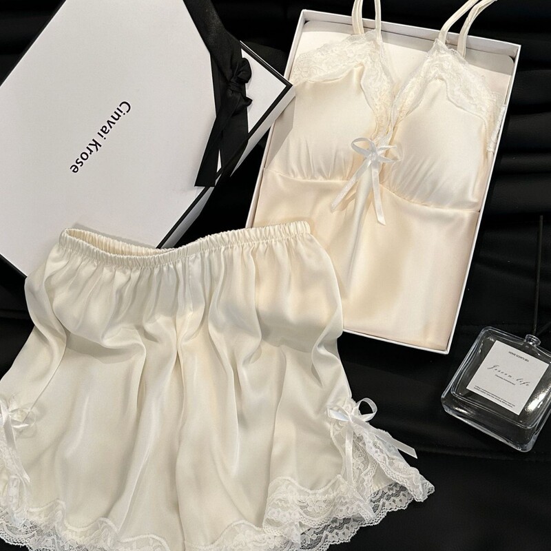 Summer Solid Color Lace with Chest Pad Sweet Ice Silk Classic Solid Color Women's Sling Shorts Pajamas Homewear Two-Piece Set