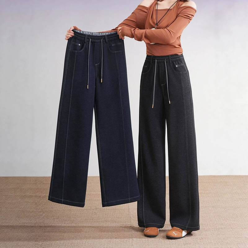 Five White Geese High-End Knitted Denim Jeans with Rose Embellishments, Straight Wide-Leg Pants 2665, New Autumn and Winter Stretch Casual Style