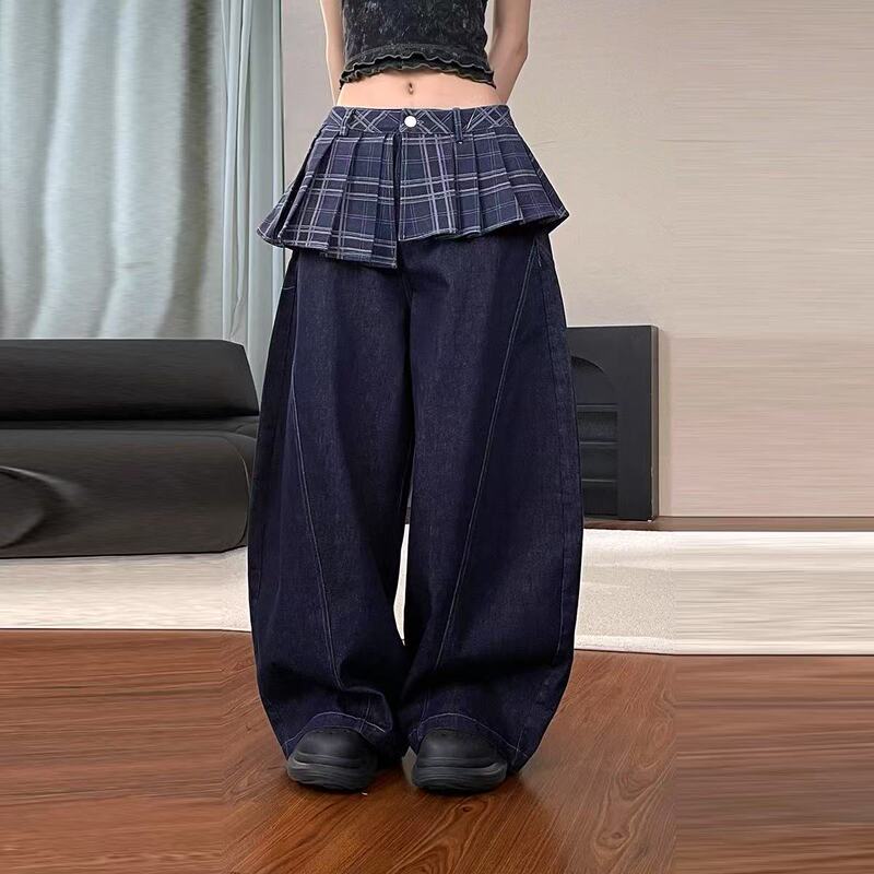Early Autumn 2025 New Spliced ​​Plaid Jeans Women's Niche Design Layered Skirt Wide-Leg Pants