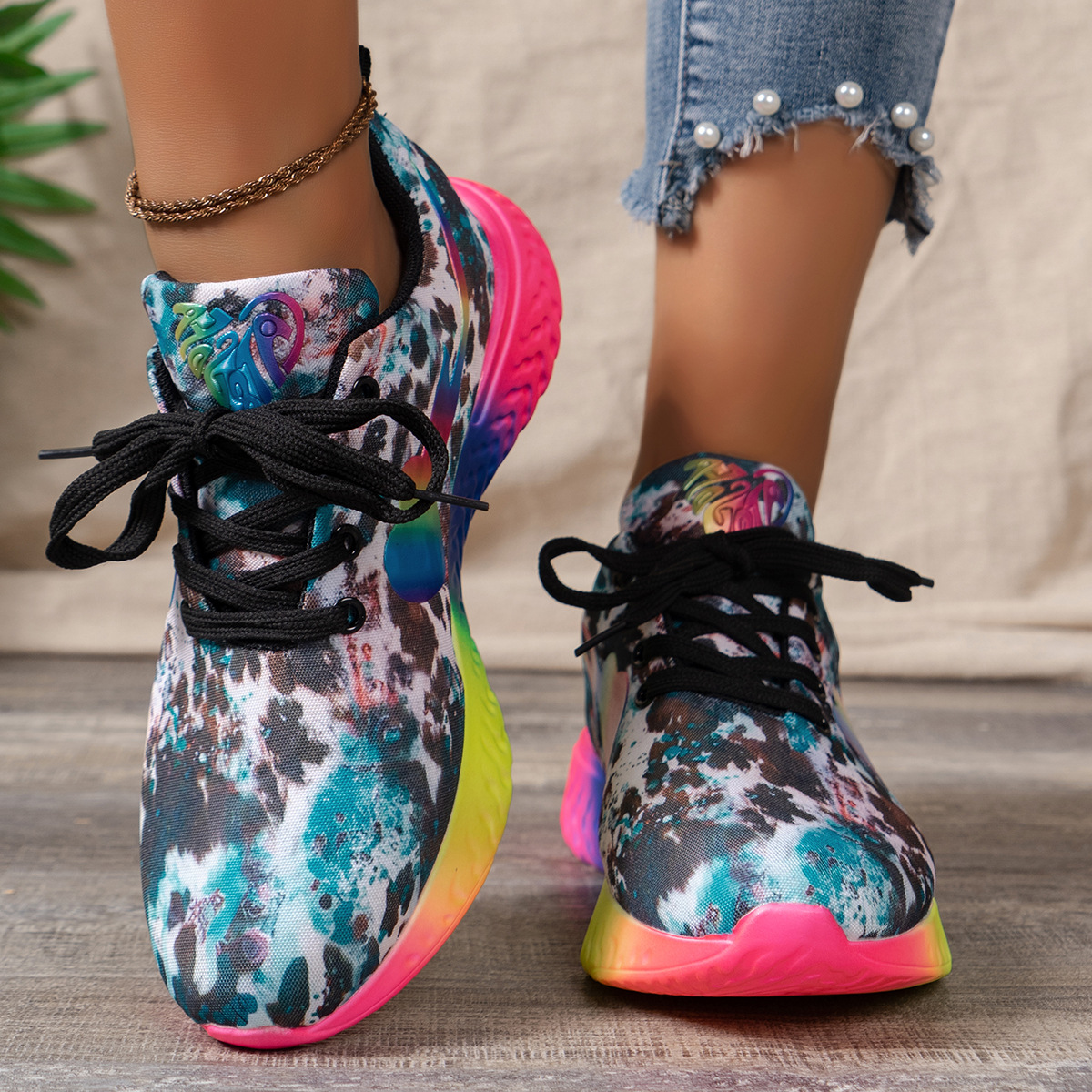 2024 comercio exterior nuevas zapatillas deportivas de tamaño grande con patrón de leopardo arco iris, zapatillas deportivas de cabeza redonda casuales, zapatillas deportivas de mujer