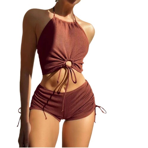 European and American style swimsuit, women's conservative bikini, solid color Huludao swimwear, sexy backless bikini for swimming