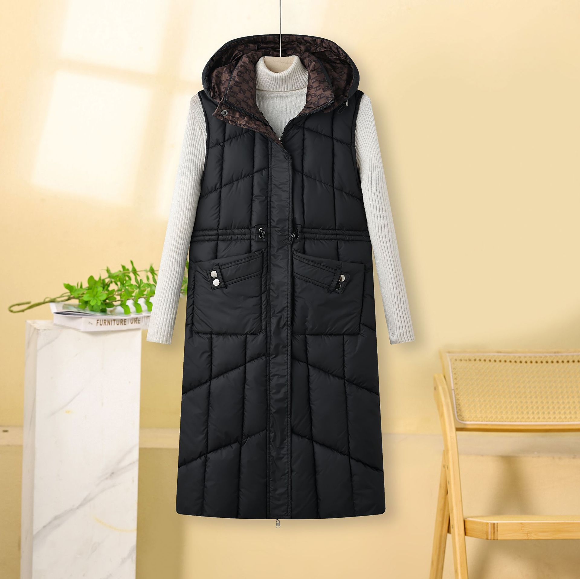 Cappotto gilet in cotone double face da donna – Piumino lungo e sottile invernale coreano, caldo capospalla reversibile (nero/bianco sporco/marrone/cachi, L-XXXL)_voghion.com