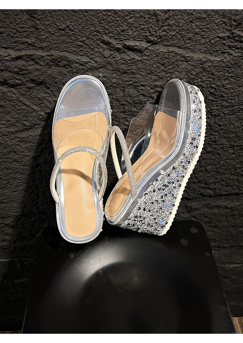 Sandal cao gót nữ hở mũi đế xuồng gót 10 cm phối sequin lấp lánh — màu đen, bạc chi tiết 20