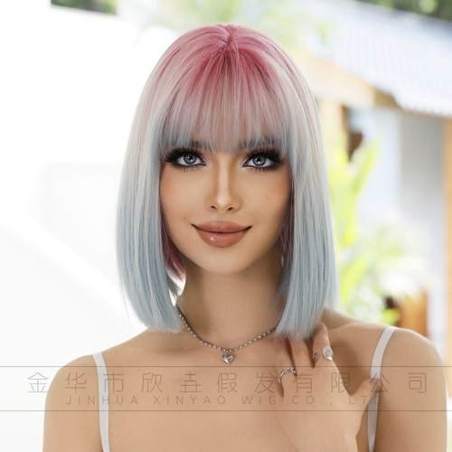 New short straight wig for women pink gradient blue air bangs bob short hair full headgear Pink Bob Wig