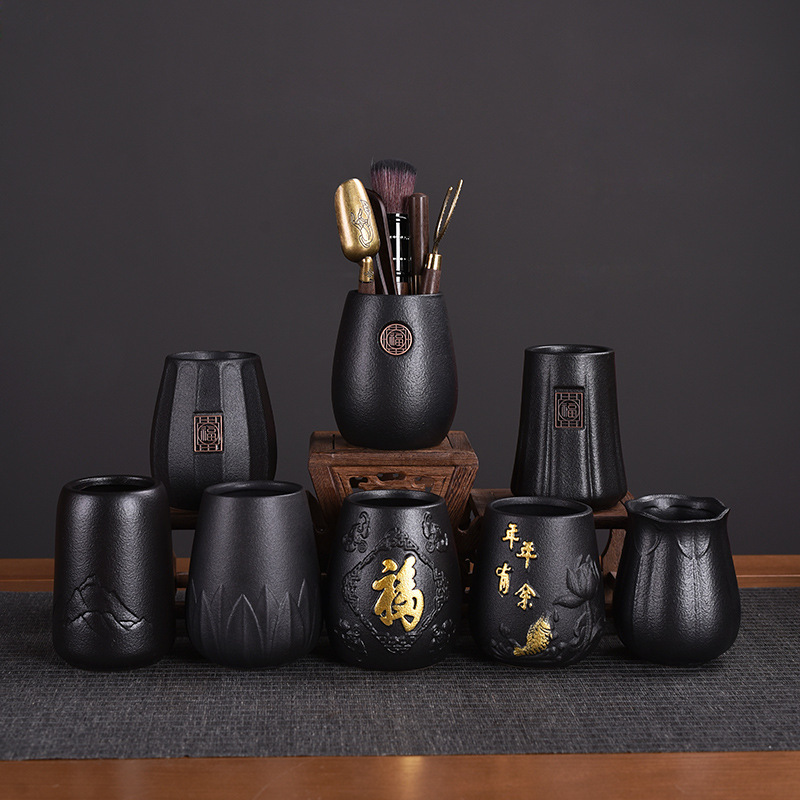 Six Gentlemen Set Kung Fu Tea Set Accessories Collection Black Pottery Tube Tea Ceremony Tea Shop Tea Room Tea Making Tools Tea Clip Spoon Knife