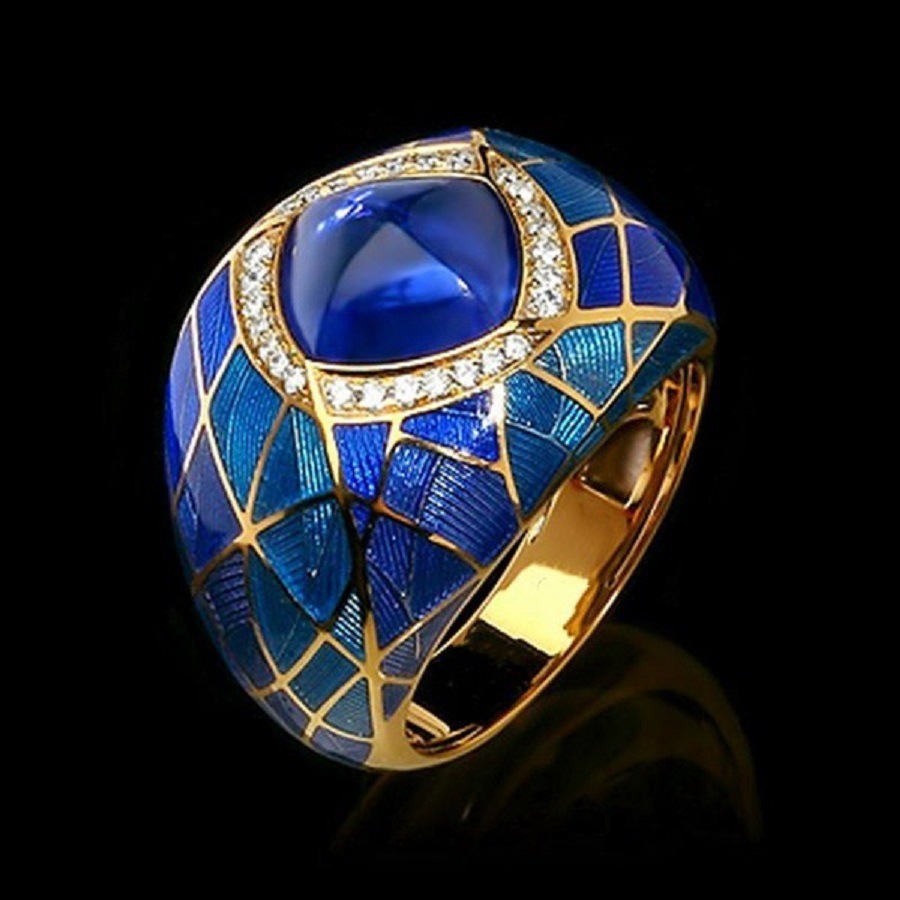 Fashion Blue Gem Inlaid Zirconium Rhinestone Ring - back view