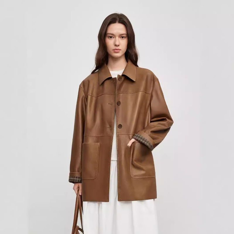 2026 Autumn/Winter New Haining Imported Vegetable-Tanned Sheepskin Leather Jacket with Turn-Down Collar, Mid-Length Leather Coat for Women 2026 Autumn/Winter New Haining Imported Vegetable-Tanned Sheepskin Leather Jacket with Turn-Down Collar, Mid-Length Leather Coat for Women