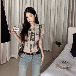 螺纹冰丝T恤女夏季新款甜酷辣妹显瘦露脐短款上衣女ins潮美式复古