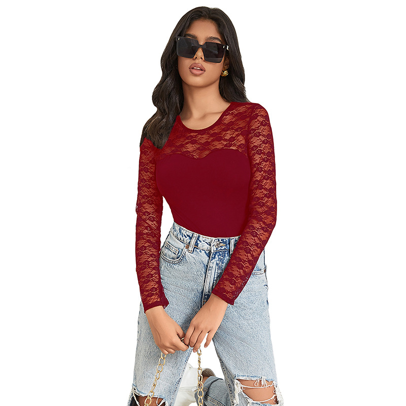 Europa y América ropa interior de malla de costura de manga larga sin desprenderse sexy camiseta de encaje de primavera y otoño delgada dentro y fuera