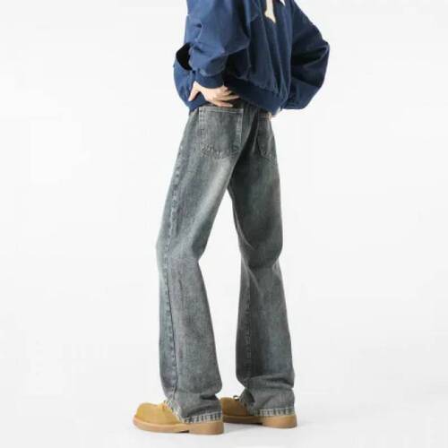 American retro washed and used jeans, men's spring and autumn fashion brand design, niche loose straight, wide-leg long pants