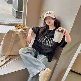 高端烫钻女童短袖T恤夏装新款儿童洋气上衣2025新款大童纯棉衣服t