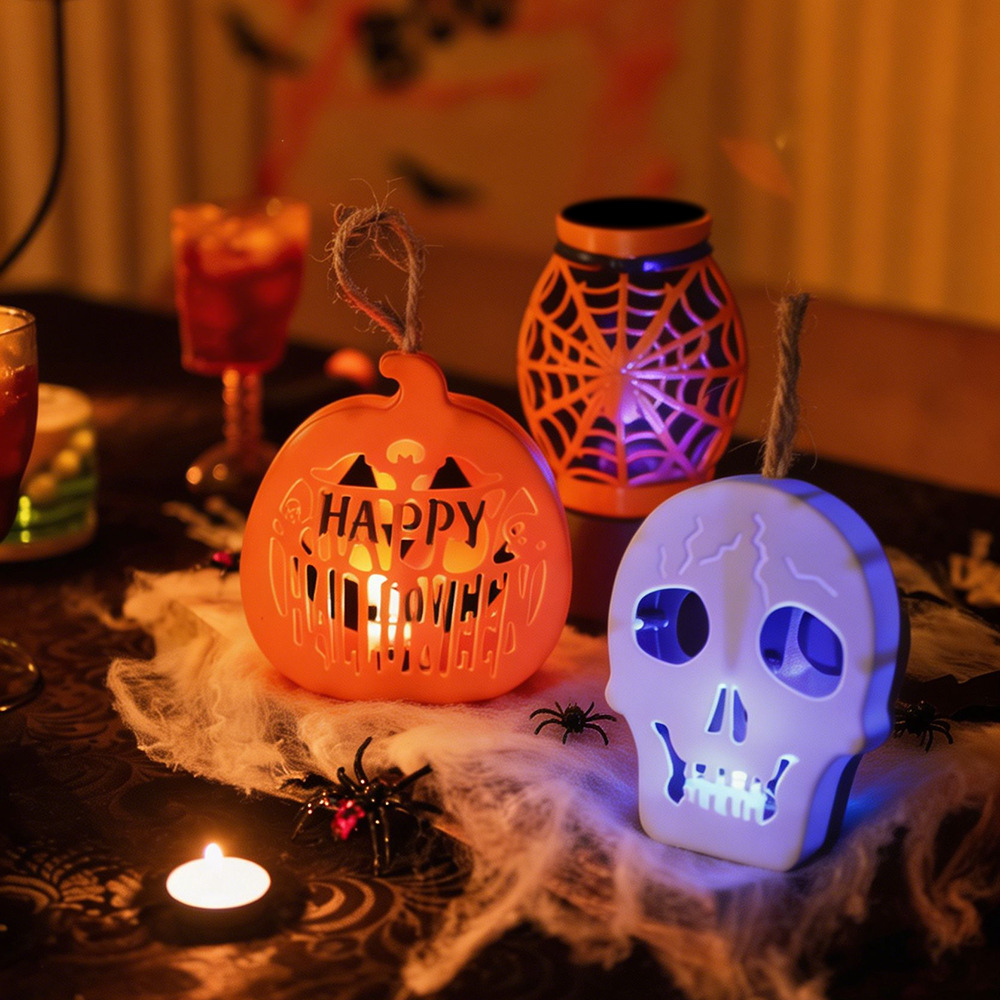 Lámpara de calabaza de Halloween nueva lámpara portátil lugar atmósfera diseño accesorios LED colorido electrónico cráneo lámpara de la vela