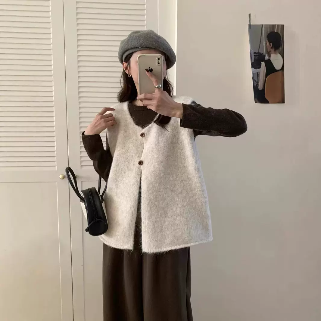 韩系简约百搭软糯慵懒风毛衣马甲女时尚秋冬新款宽松叠穿针织背心