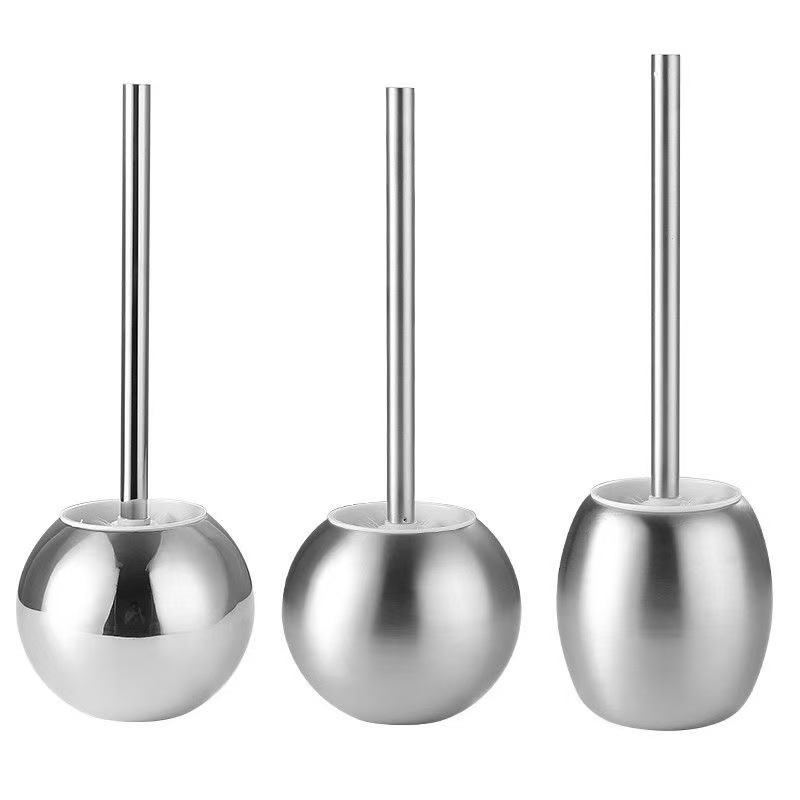 Thickened Stainless Steel Toilet Brush Holder, Floor-Standing Spherical Drum-Shaped, No-Drill Set for Hotel Bathroom Toilet Brush Holder
