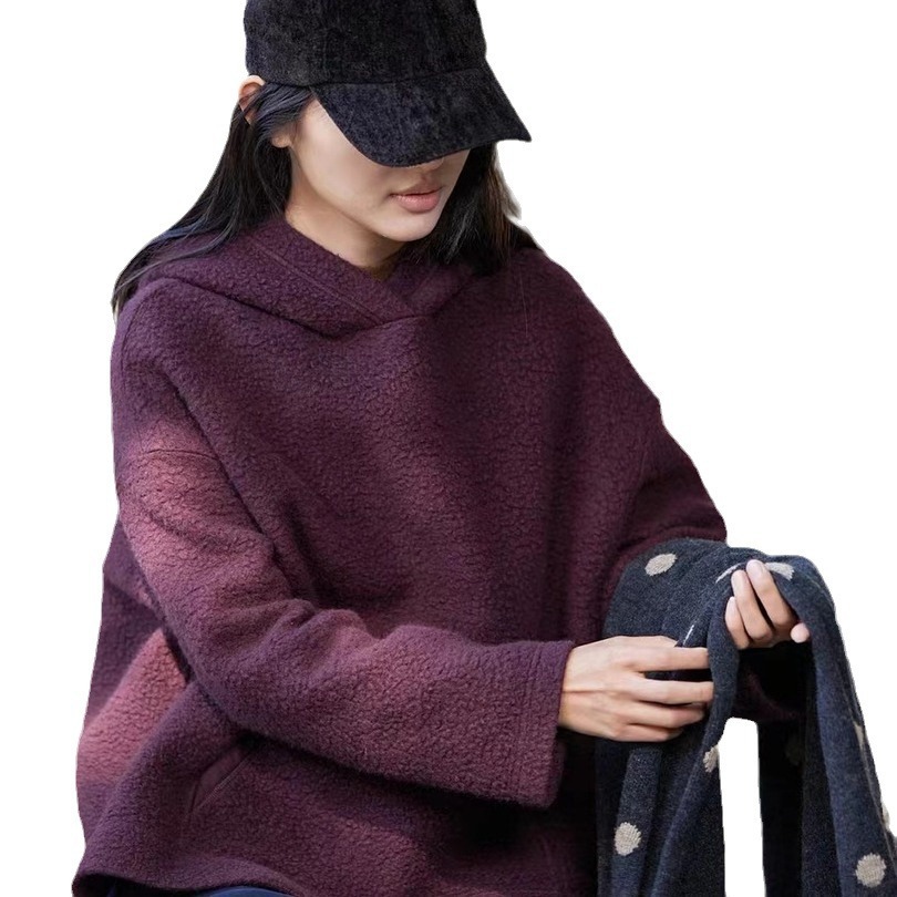 春秋款西梅紫摇粒绒时尚百搭女士加厚连帽卫衣宽松版