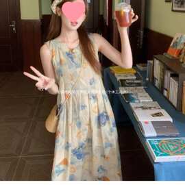 水墨画背心连衣裙小众设计感2026春夏新款复古文艺气质新国风长裙