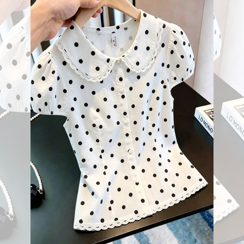 White Short-Sleeve Slim-Fit Doll Collar Lace Shirt for Women, 2026 Summer Chic and Fairy-Like Sweet Style Top