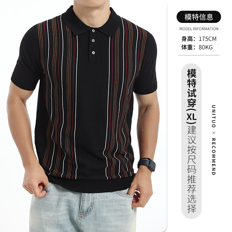 Europa y Estados Unidos trajes de hombre de hielo rayas con cuello polo camisa de hombre ligera de negocios casual de manga corta camisa de punto Paul hombre