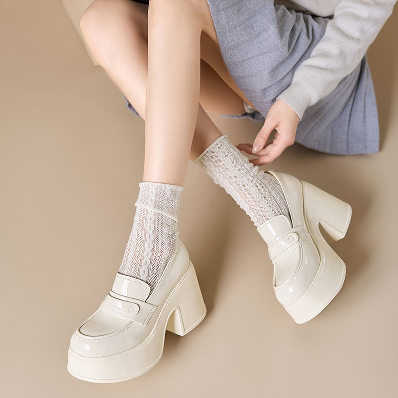 Giày loafer nữ gót vuông cao 10 cm da thật cổ sâu phong cách JK — màu đen, màu trắng ngà