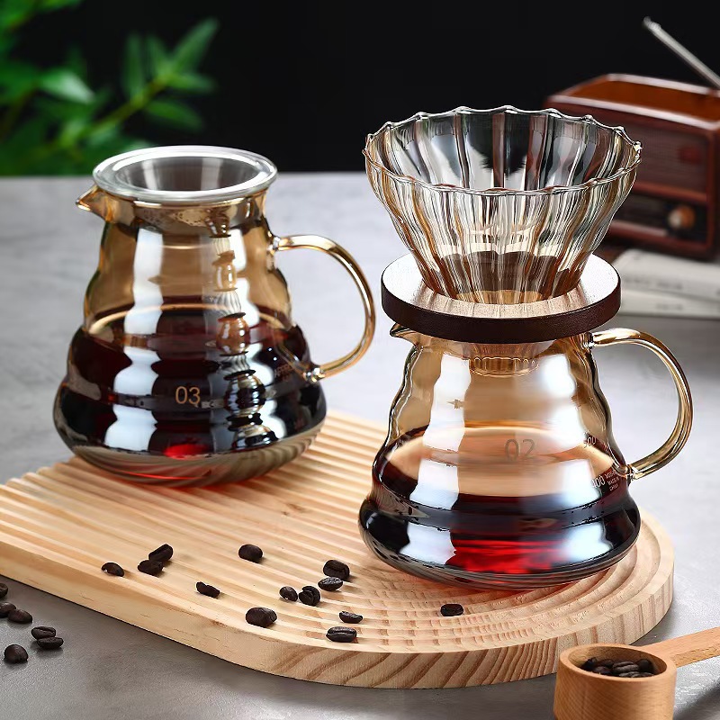 Fabricante al por mayor de la mano de la olla de café de vidrio nubes de copas de filtro para compartir el conjunto de olla puede imprimir logotipo