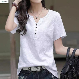 2025 Summer Solid Color Casual All-match Top Korean-style V-neck Short-sleeved T-shirt Women's Fashionable Slim-fit Slim-fit Base Shirt Trendy